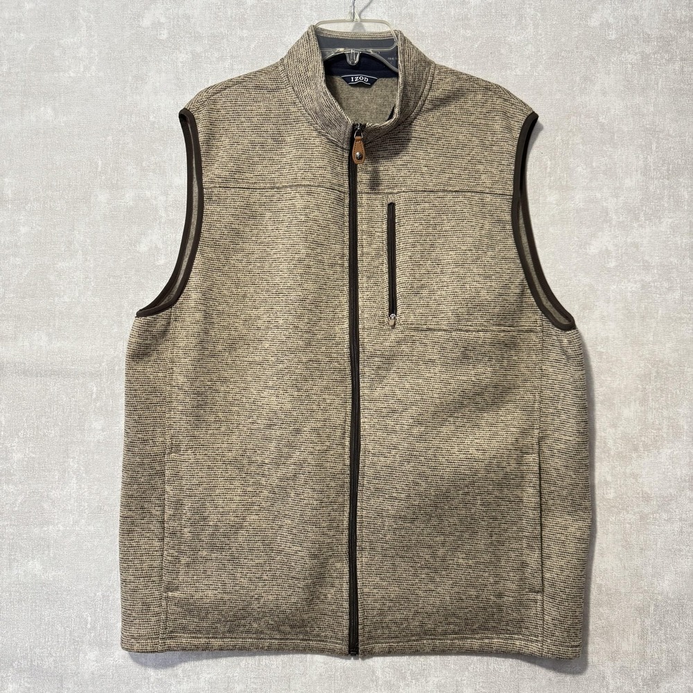 IZOD Vest Mens XL Beige Fleece Full‎ Zip Collared Lined Pockets Outdoor